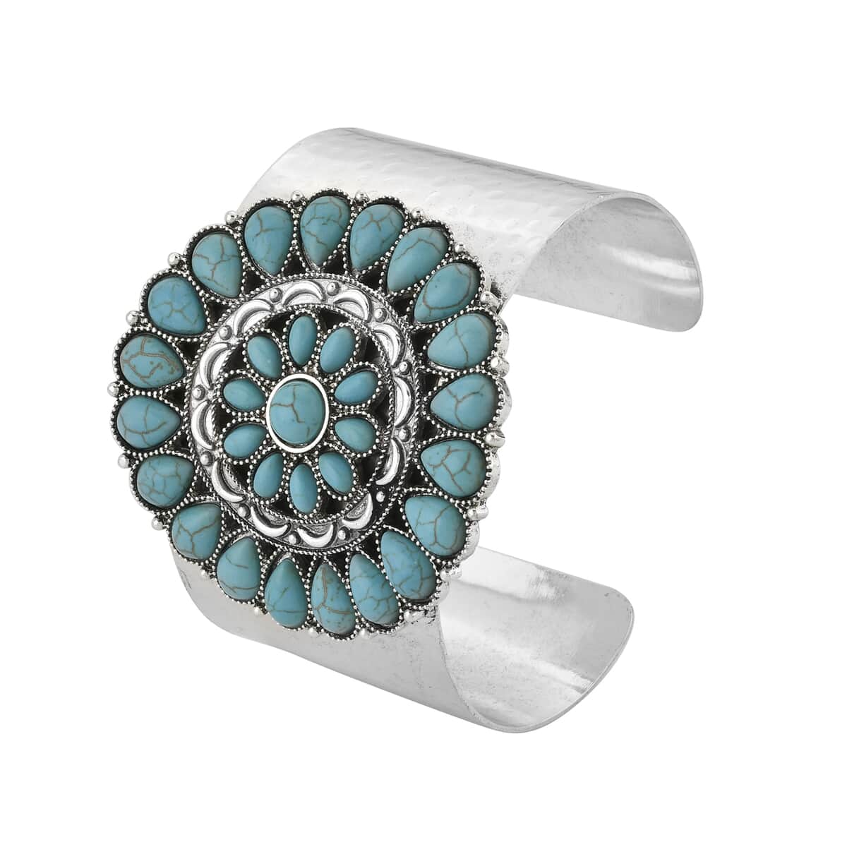 Doorbuster Blue Howlite 12.00 ctw Floral Cuff Bracelet in Silvertone (7.50 In) image number 2