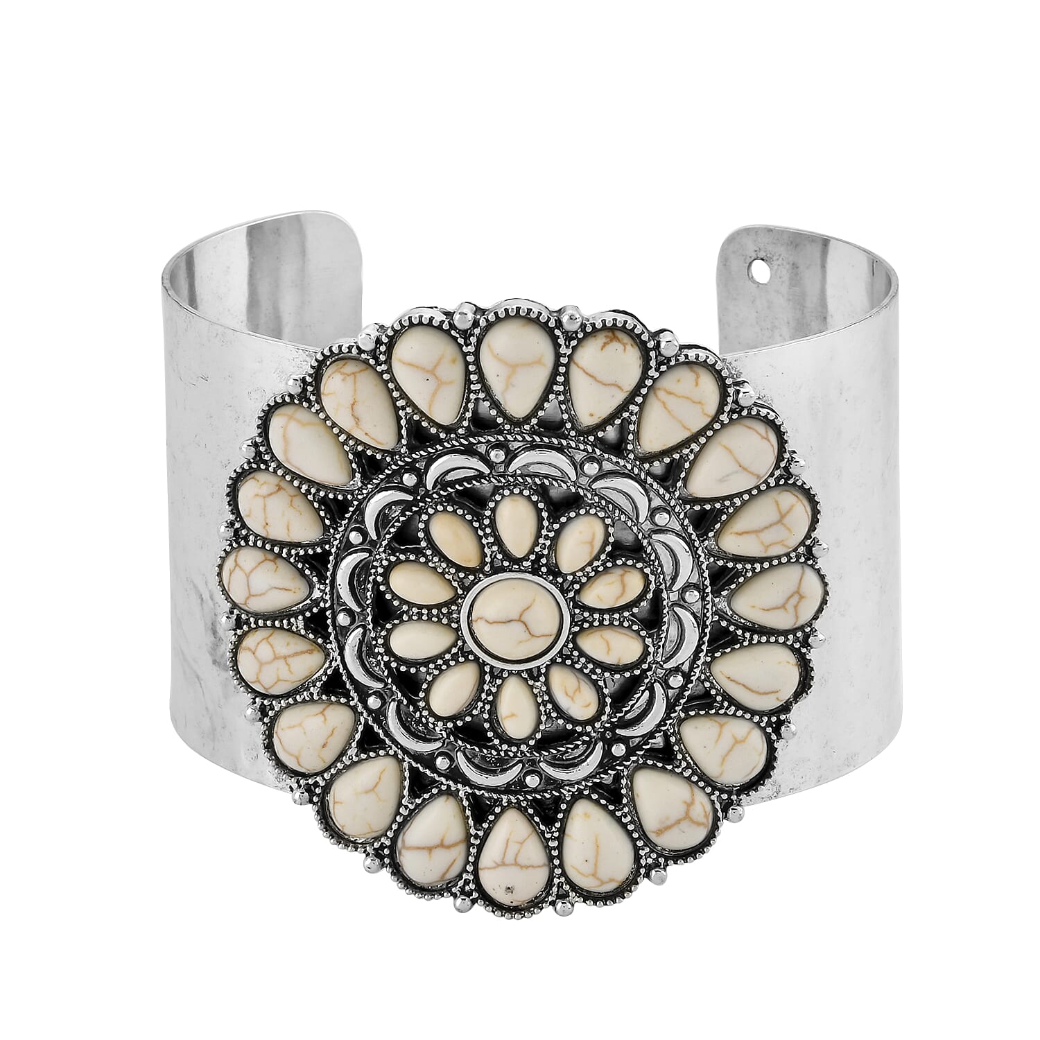 White Howlite 12.00 ctw Floral Cuff Bracelet in Silvertone (7.50 In)