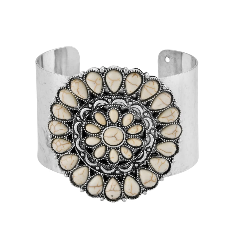 White Howlite 12.00 ctw Floral Cuff Bracelet in Silvertone (7.50 In)