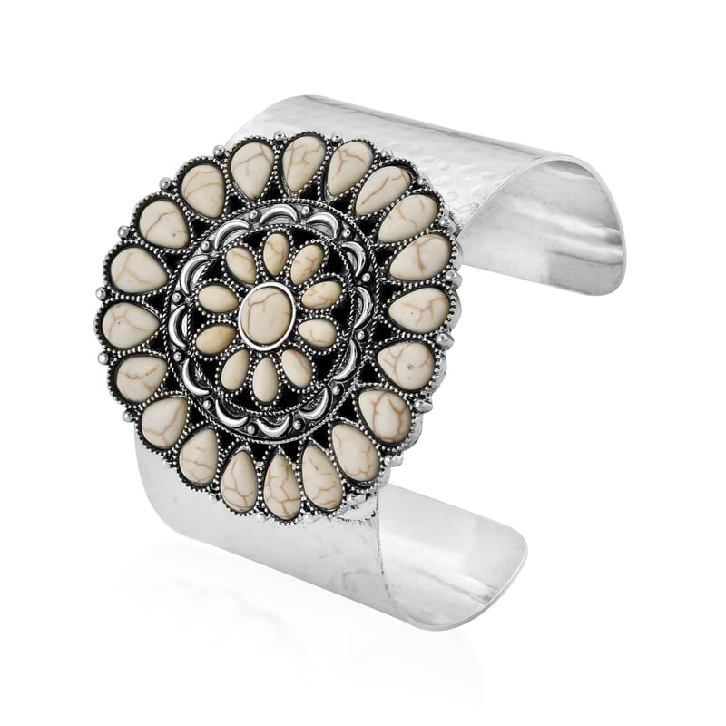 White Howlite 12.00 ctw Floral Cuff Bracelet in Silvertone (7.50 In)