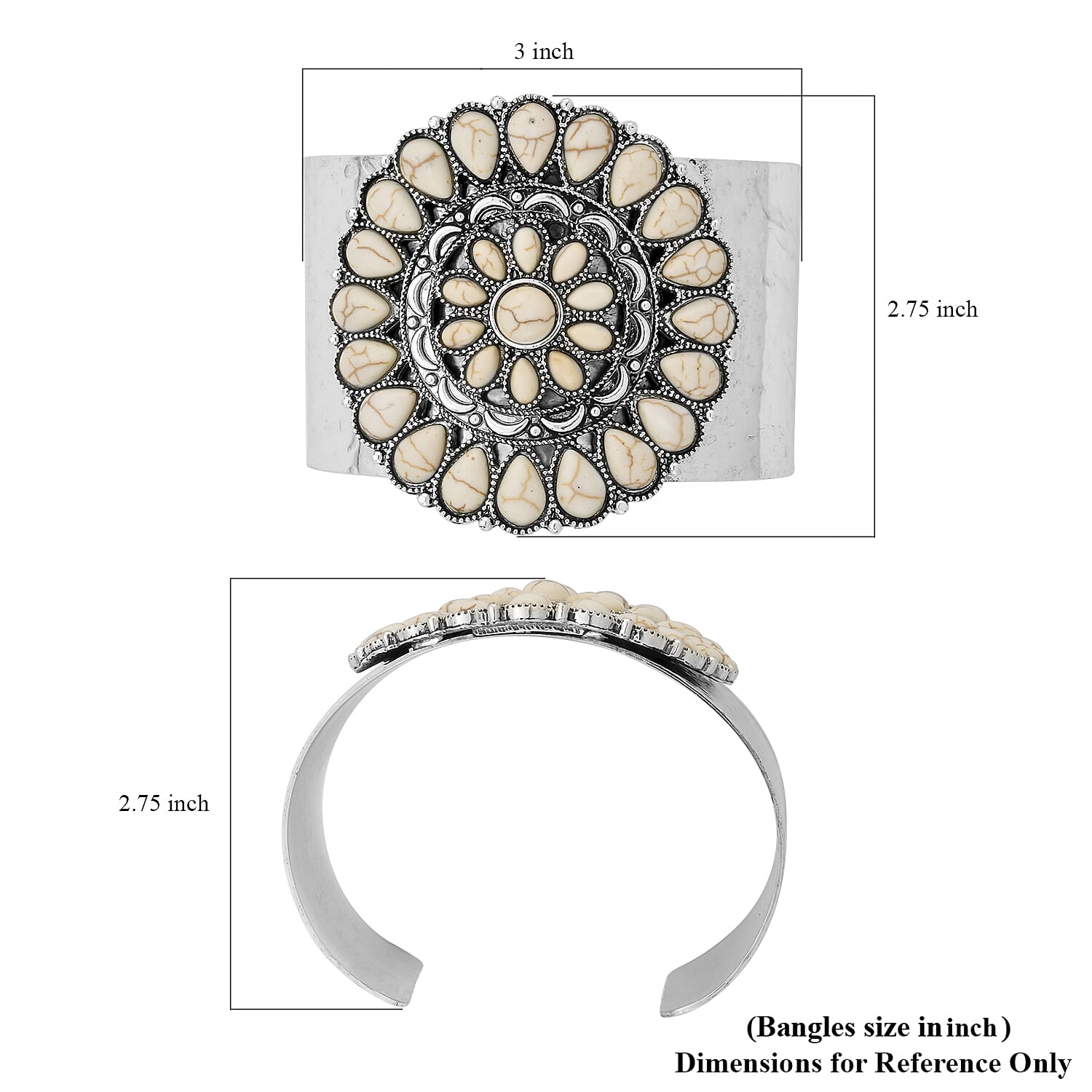 White Howlite 12.00 ctw Floral Cuff Bracelet in Silvertone (7.50 In)