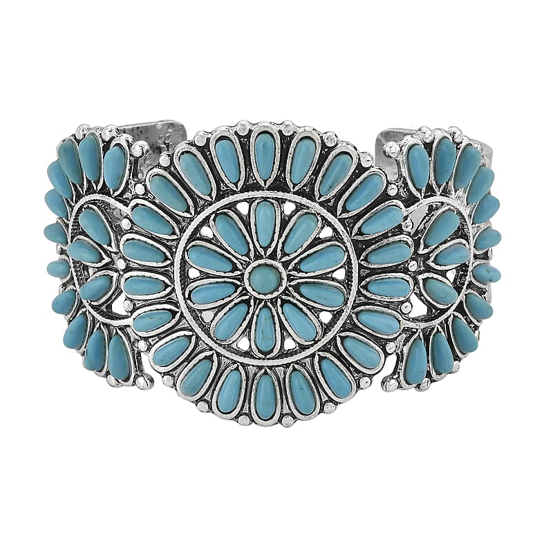 Blue Howlite 18.00 ctw Floral Cuff Bracelet in Silvertone (7.50 In)