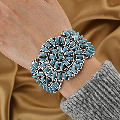 Blue Howlite 18.00 ctw Floral Cuff Bracelet in Silvertone (7.50 In)