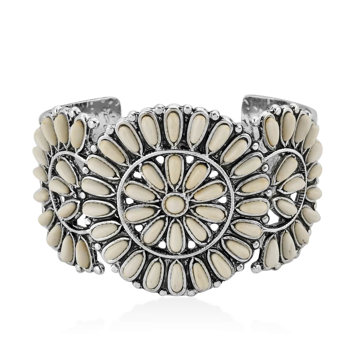 Doorbuster White Howlite 18.00 ctw Floral Cuff Bracelet in Silvertone (7.50 In) image number 0