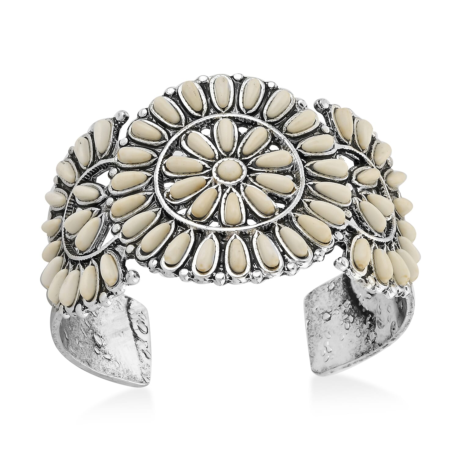White Howlite 18.00 ctw Floral Cuff Bracelet in Silvertone (7.50 In)