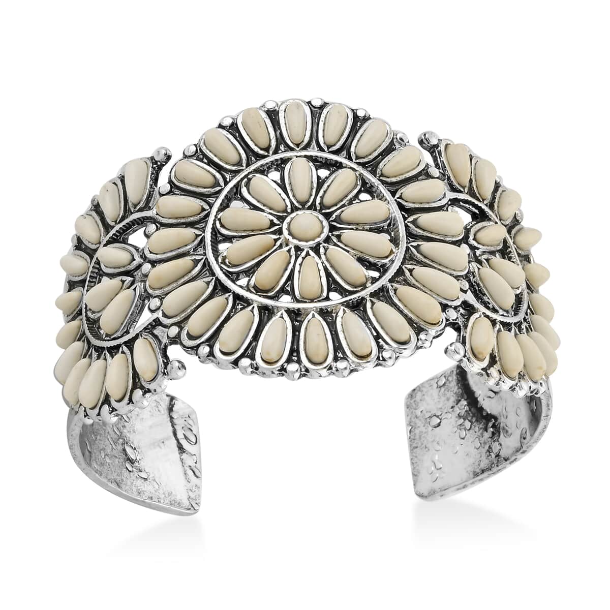 Doorbuster White Howlite 18.00 ctw Floral Cuff Bracelet in Silvertone (7.50 In) image number 2