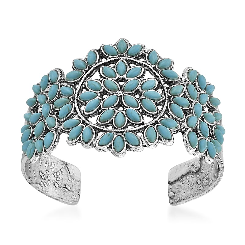 Blue Howlite 12.00 ctw Floral Cuff Bracelet in Silvertone (7.50 In)