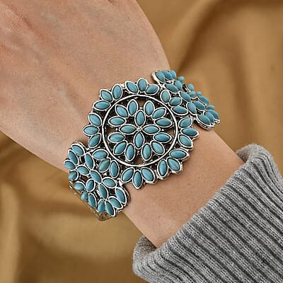 Blue Howlite 12.00 ctw Floral Cuff Bracelet in Silvertone (7.50 In)