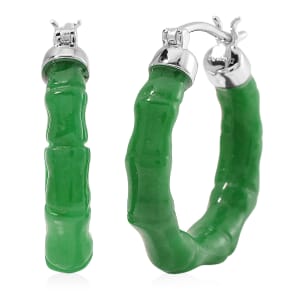 Green Jade (D) 20.00 ctw Hoop Earrings in Rhodium Over Sterling Silver