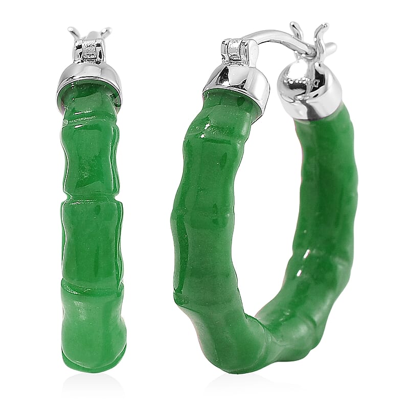 Green Jade (D) 20.00 ctw Hoop Earrings in Rhodium Over Sterling Silver