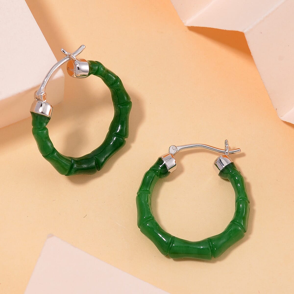 Green Jade (D) 20.00 ctw Hoop Earrings in Rhodium Over Sterling Silver image number 1
