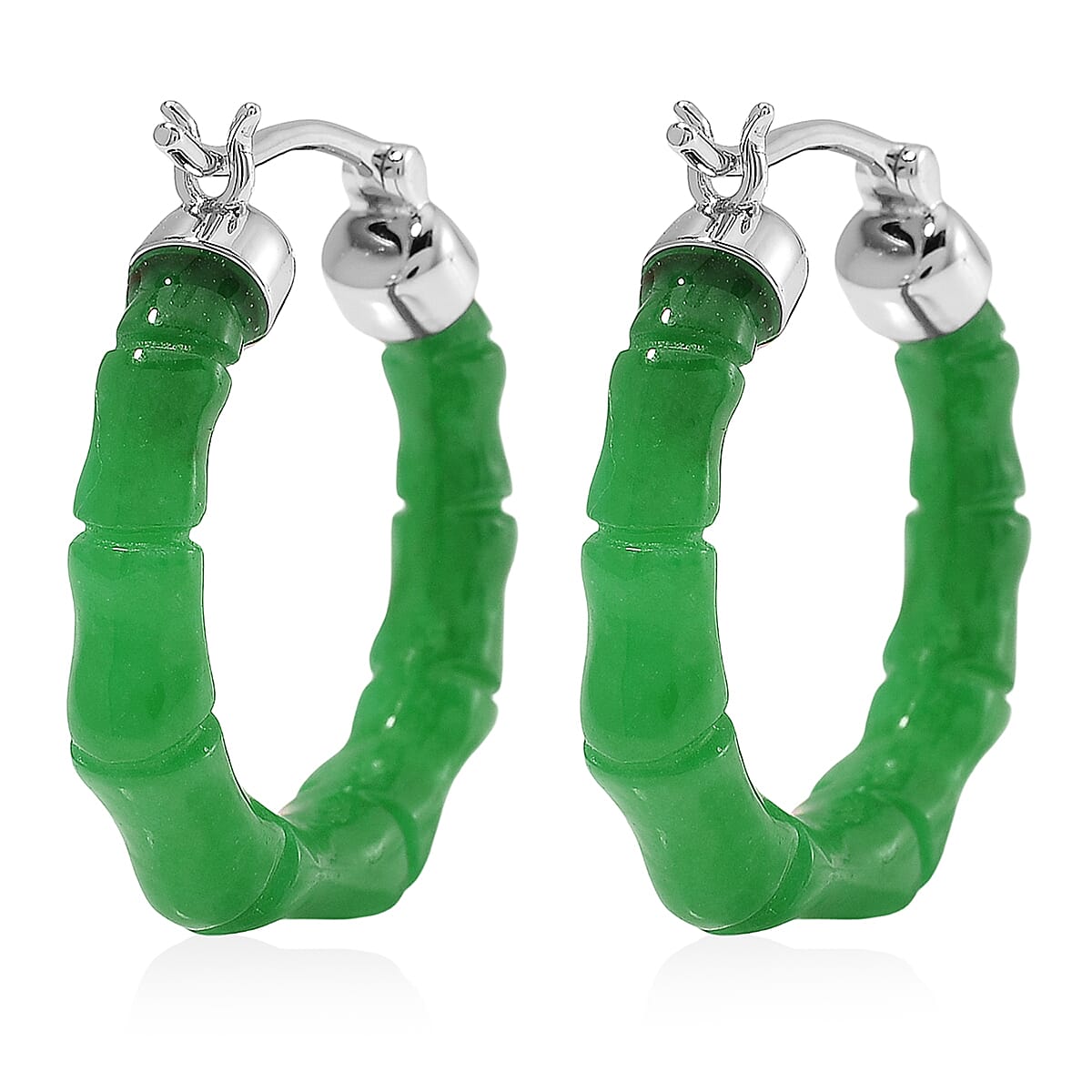 Green Jade (D) 20.00 ctw Hoop Earrings in Rhodium Over Sterling Silver