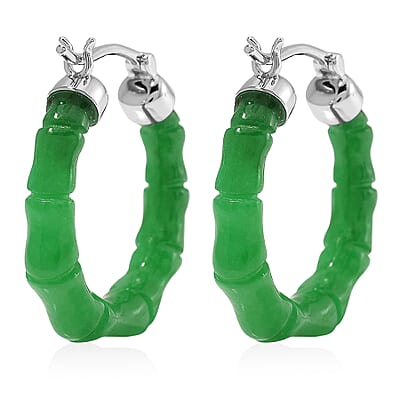 Green Jade (D) 20.00 ctw Hoop Earrings in Rhodium Over Sterling Silver