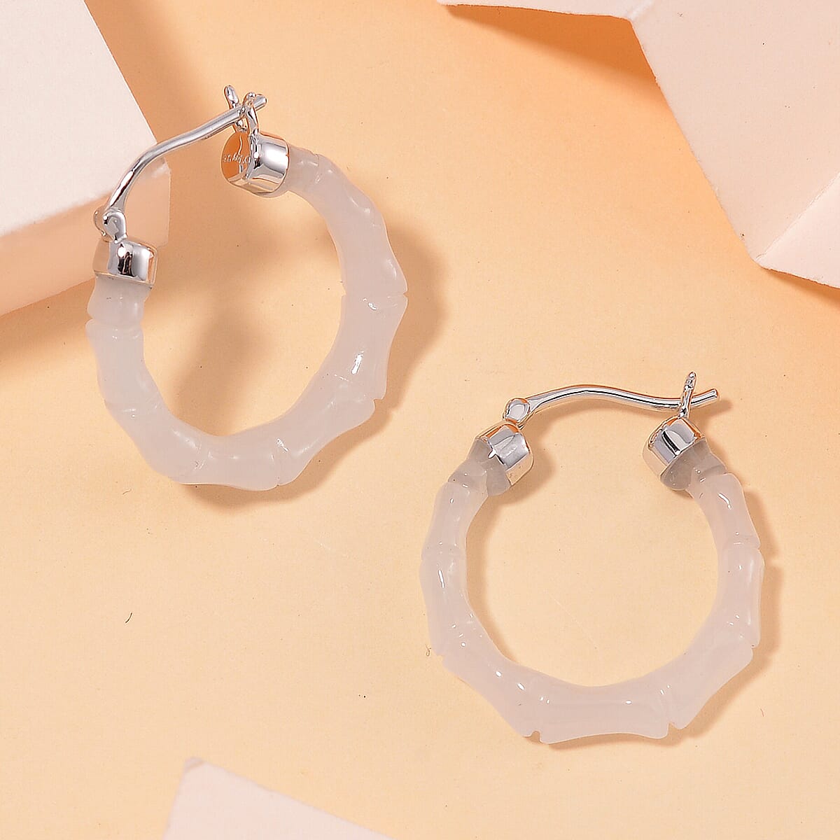 Natural Jade 20.00 ctw Hoop Earrings in Rhodium Over Sterling Silver image number 1