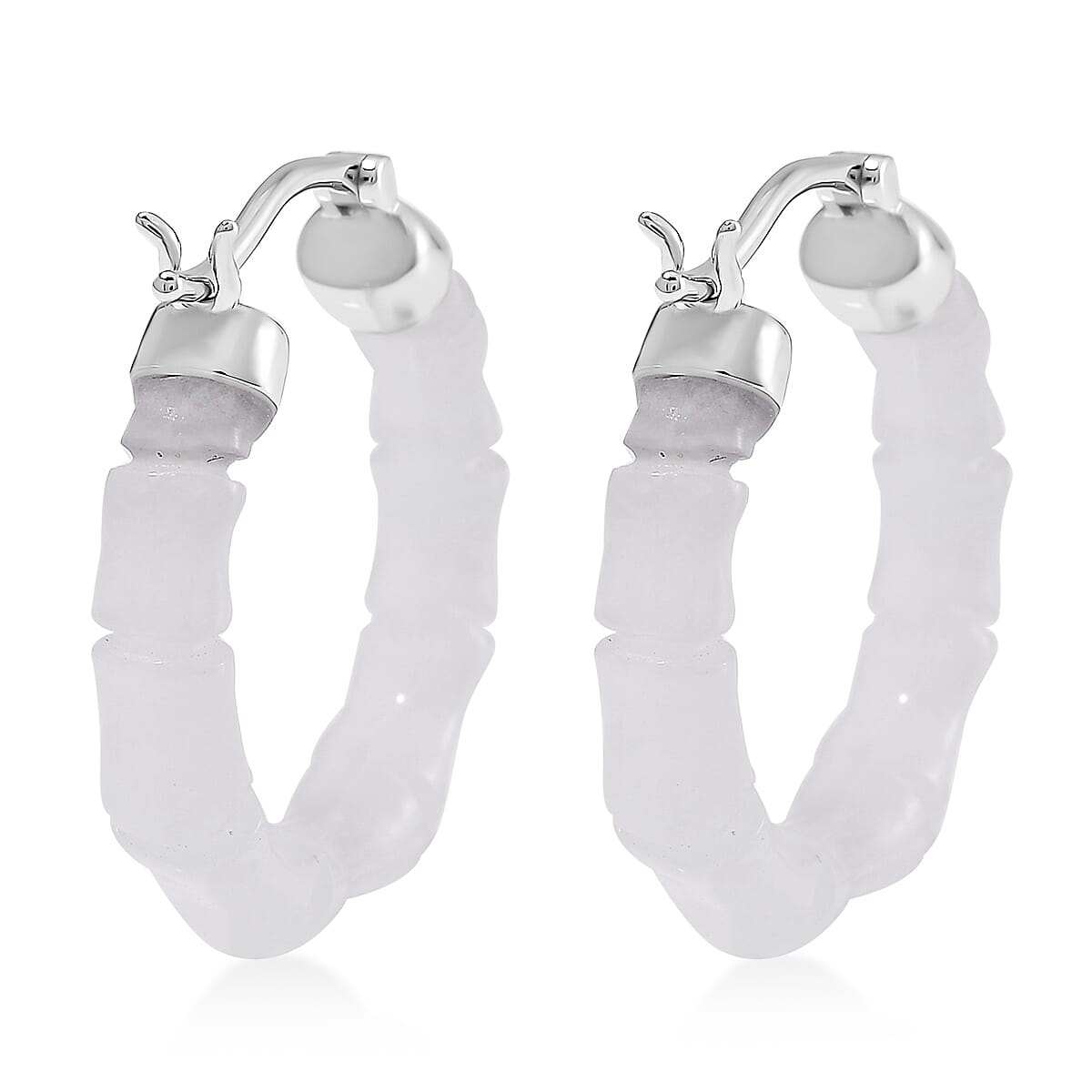 Natural Jade 20.00 ctw Hoop Earrings in Rhodium Over Sterling Silver image number 4