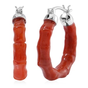 Red Jade (D) 20.00 ctw Hoop Earrings in Rhodium Over Sterling Silver
