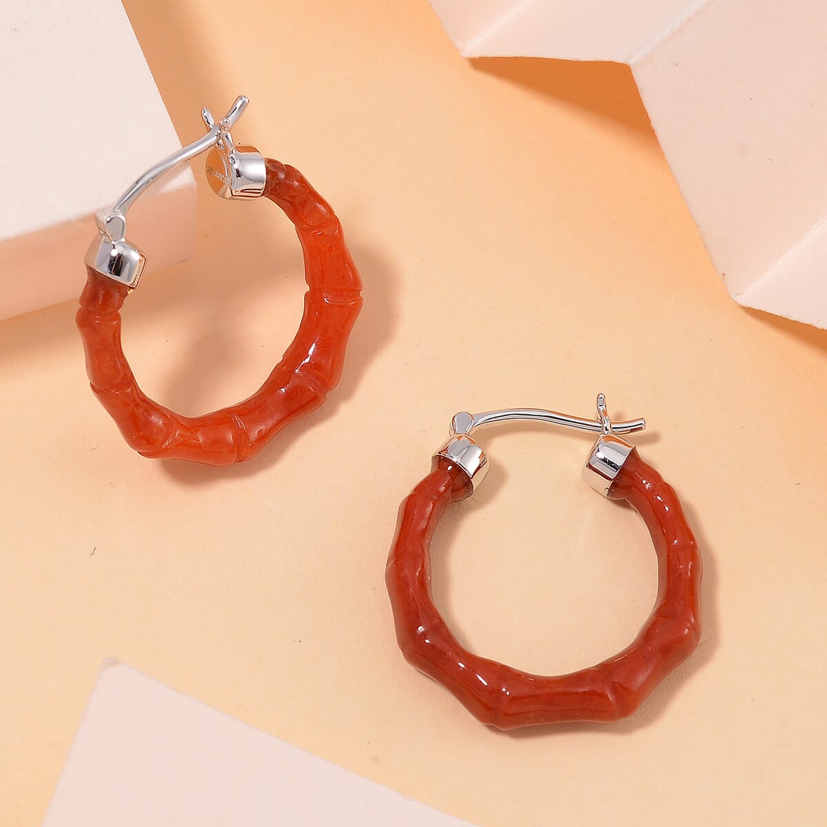 Red Jade (D) 20.00 ctw Hoop Earrings in Rhodium Over Sterling Silver image number 1