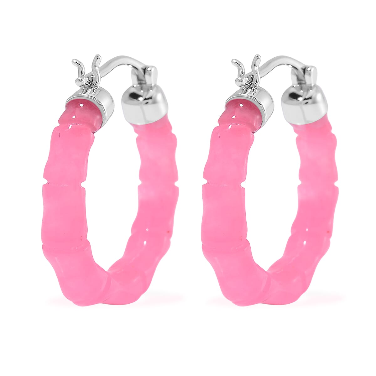 Pink Jade (D) 20.00 ctw Hoop Earrings in Rhodium Over Sterling Silver image number 4