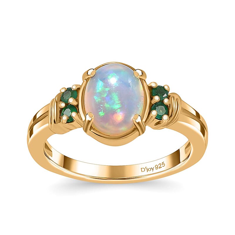 D'Joy Ethiopian Welo Opal and Kagem Zambian Emerald 1.25 ctw Ring in 18K Vermeil Yellow Gold Over Sterling Silver (Size 10.0)