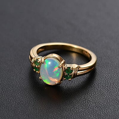 D'Joy Ethiopian Welo Opal and Kagem Zambian Emerald 1.25 ctw Ring in 18K Vermeil Yellow Gold Over Sterling Silver (Size 10.0)