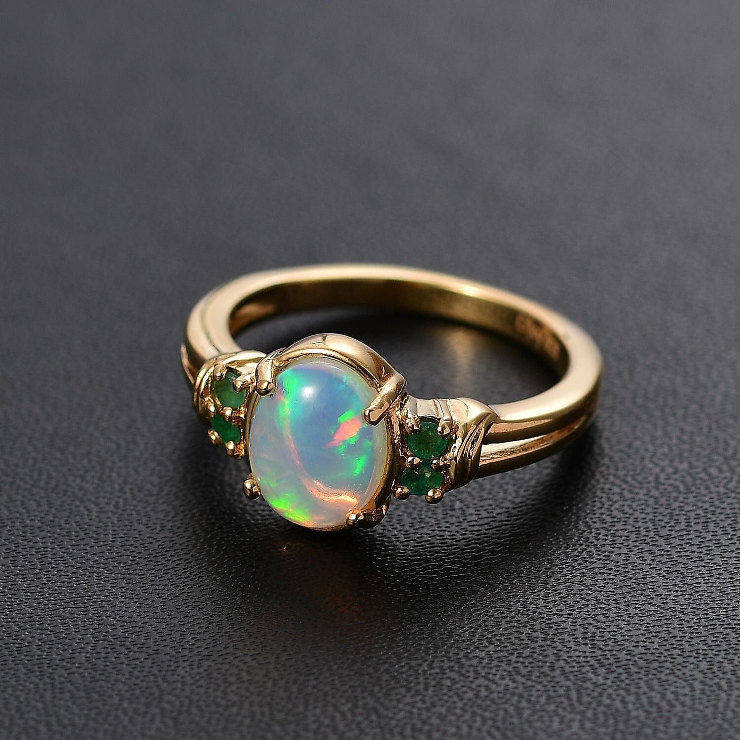 Ethiopian Welo Opal and Kagem Zambian Emerald 1.25 ctw Ring in 18K Vermeil Yellow Gold Over Sterling Silver (Size 8.0)