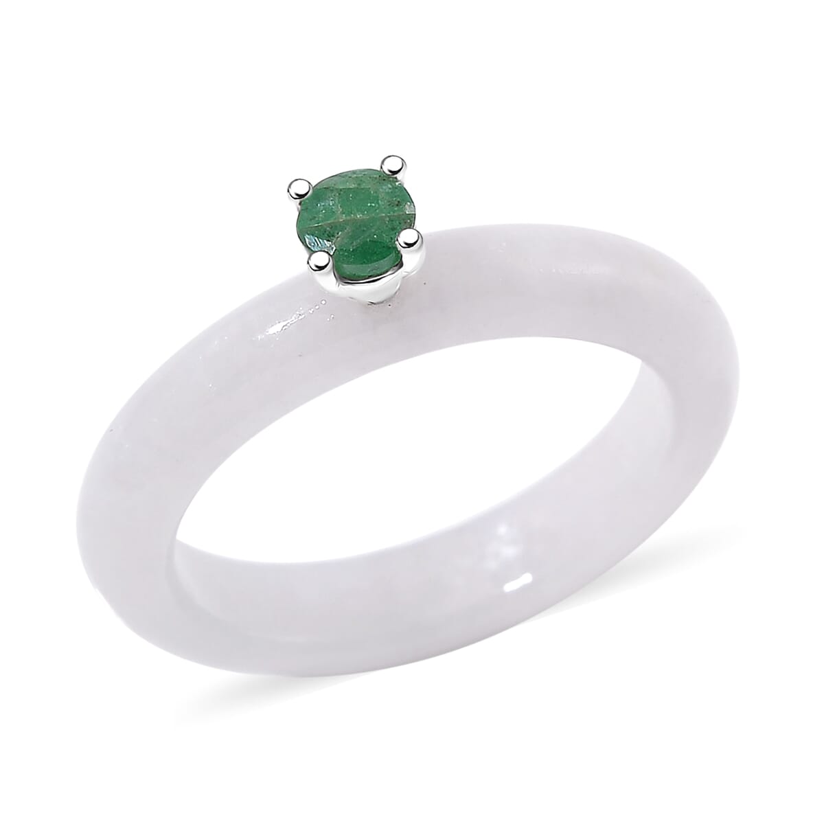 Natural Jade and Emerald 14.15 ctw Band Ring in Rhodium Over Sterling Silver (Size 10.0) image number 0