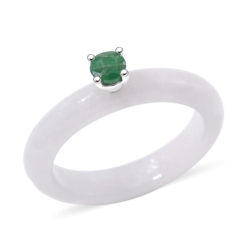 Natural Jade and Emerald 14.15 ctw Band Ring in Rhodium Over Sterling Silver (Size 5.0)
