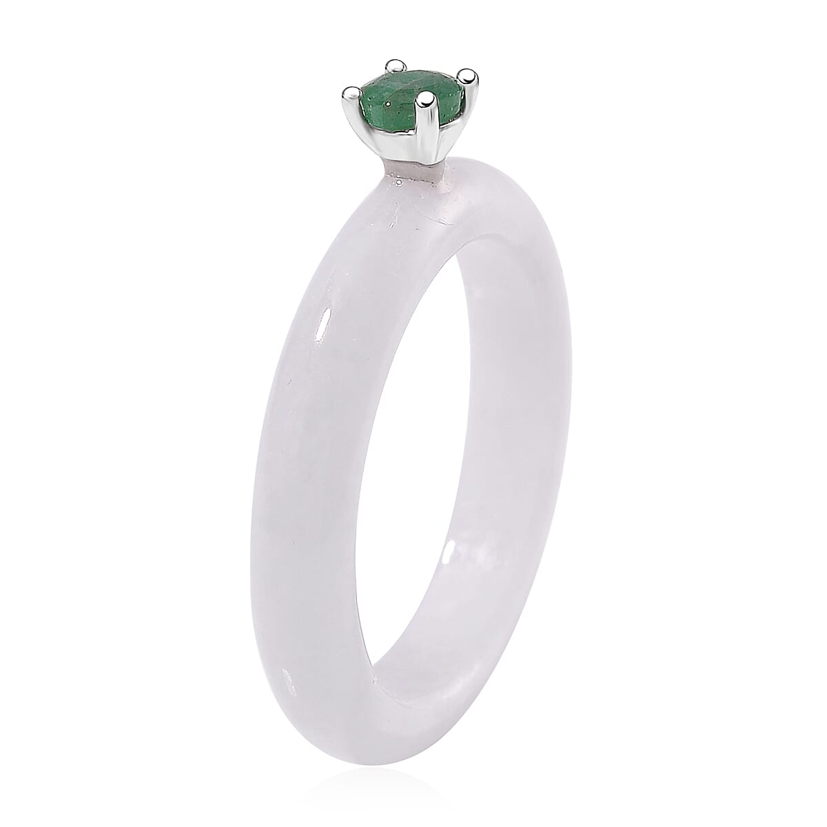 Natural Jade and Emerald 14.15 ctw Band Ring in Rhodium Over Sterling Silver (Size 5.0)