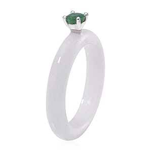 Natural Jade and Emerald 14.15 ctw Band Ring in Rhodium Over Sterling Silver (Size 7.0)