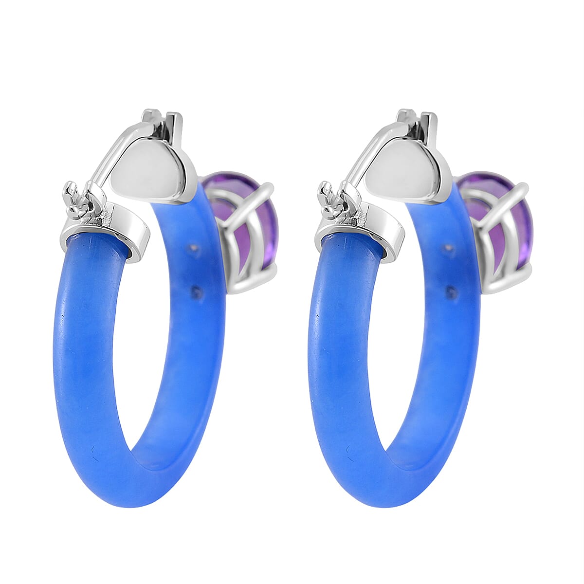 African Amethyst and Blue Jade (D) 22.25 ctw Hoop Earrings in Rhodium Over Sterling Silver