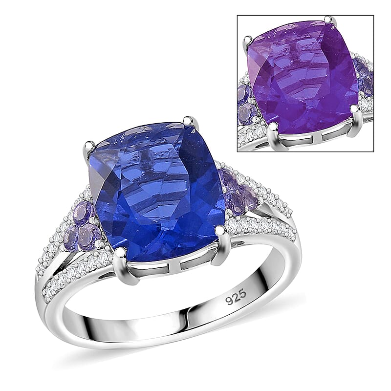 Color Change Fluorite (IR) and Multi Gemstone 6.85 ctw Royal Ocean Ring in Rhodium Over Sterling Silver (Size 10.0)