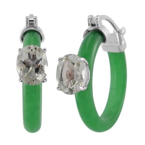 Montezuma Prasiolite and Green Jade (D) 22.10 ctw Hoop Earrings in Rhodium Over Sterling Silver