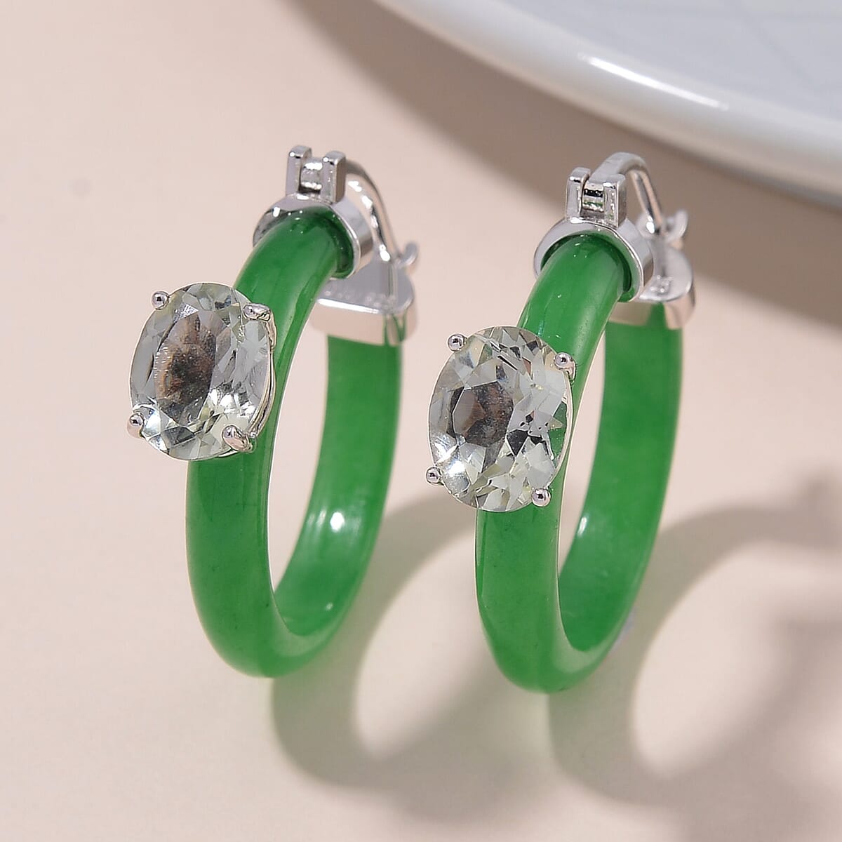 Montezuma Prasiolite and Green Jade (D) 22.10 ctw Hoop Earrings in Rhodium Over Sterling Silver image number 1