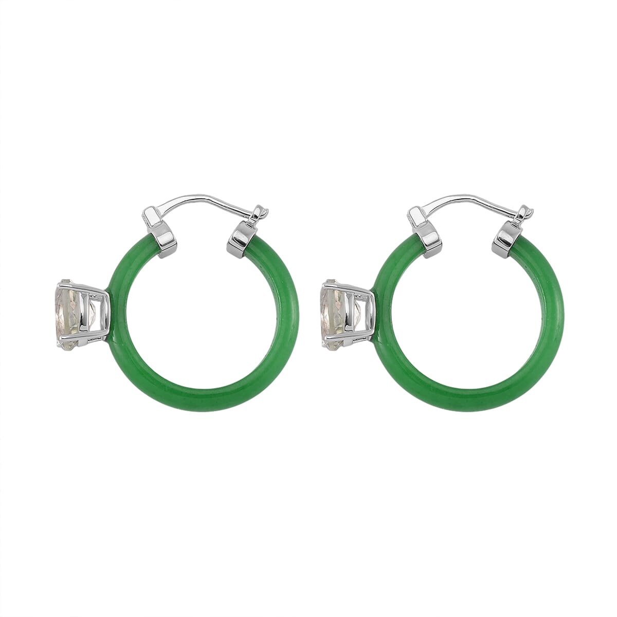 Montezuma Prasiolite and Green Jade (D) 22.10 ctw Hoop Earrings in Rhodium Over Sterling Silver image number 3