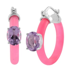 Rose De France Amethyst and Pink Jade (D) 22.10 ctw Hoop Earrings in Rhodium Over Sterling Silver