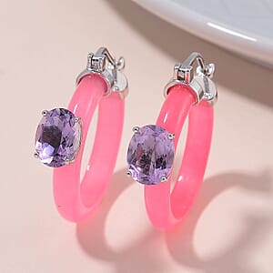 Rose De France Amethyst and Pink Jade (D) 22.10 ctw Hoop Earrings in Rhodium Over Sterling Silver