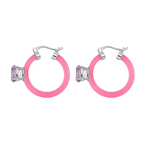 Rose De France Amethyst and Pink Jade (D) 22.10 ctw Hoop Earrings in Rhodium Over Sterling Silver