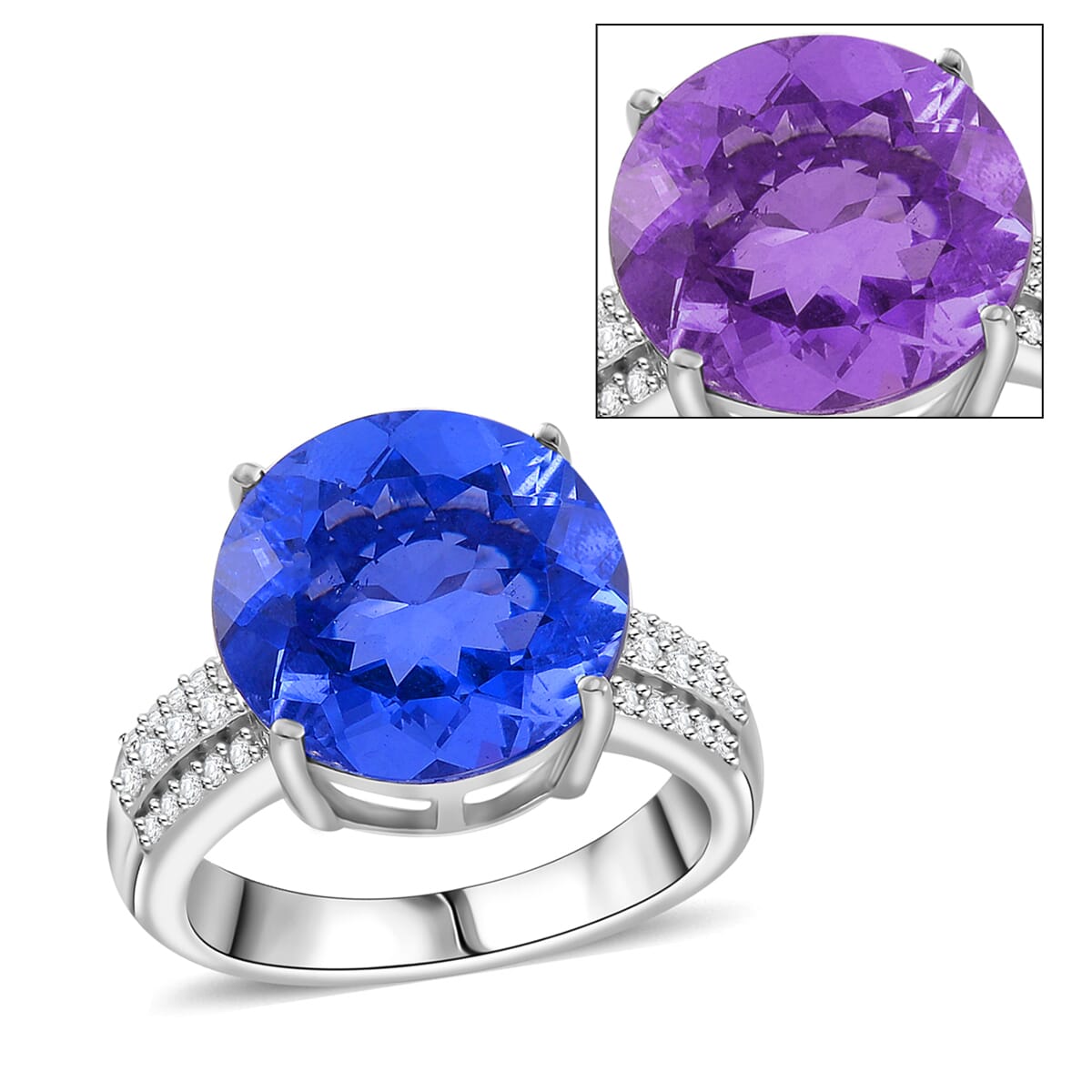 Color Change Fluorite (IR) and White Zircon 11.65 ctw Royal Mirage Ring in Rhodium Over Sterling Silver (Size 7.0) image number 0