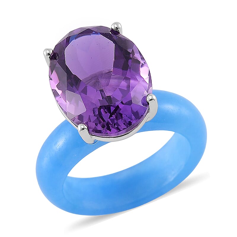 African Amethyst and Blue Jade (D) 24.40 ctw Band Ring in Rhodium Over Sterling Silver (Size 10.0)