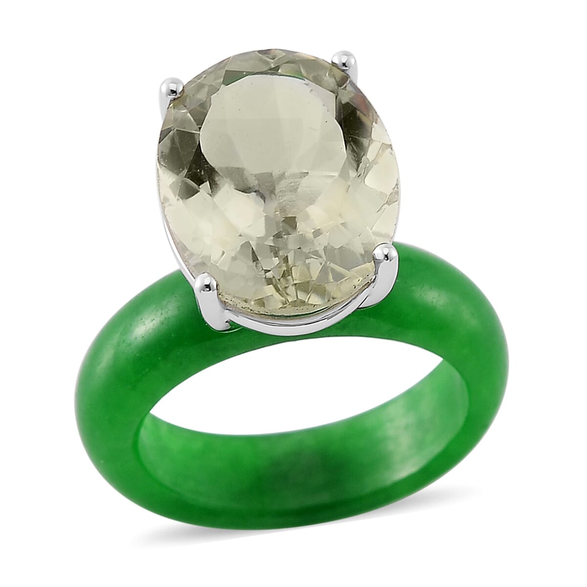 Montezuma Prasiolite and Green Jade (D) 24.20 ctw Band Ring in Rhodium Over Sterling Silver (Size 10.0) image number 0