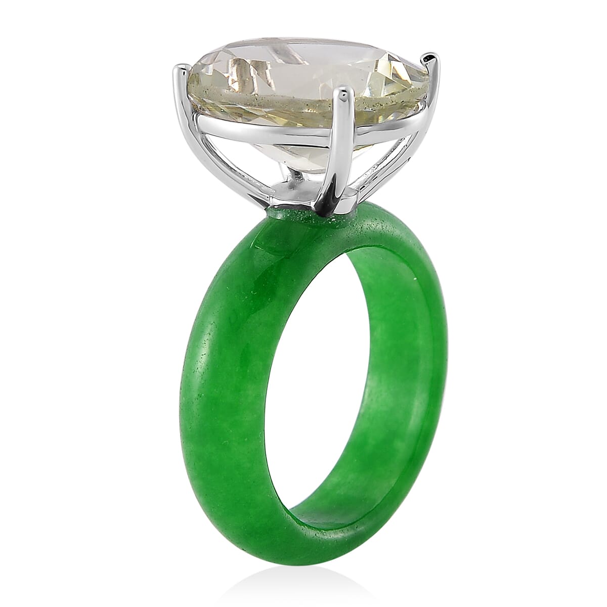 Montezuma Prasiolite and Green Jade (D) 24.20 ctw Band Ring in Rhodium Over Sterling Silver (Size 10.0) image number 2