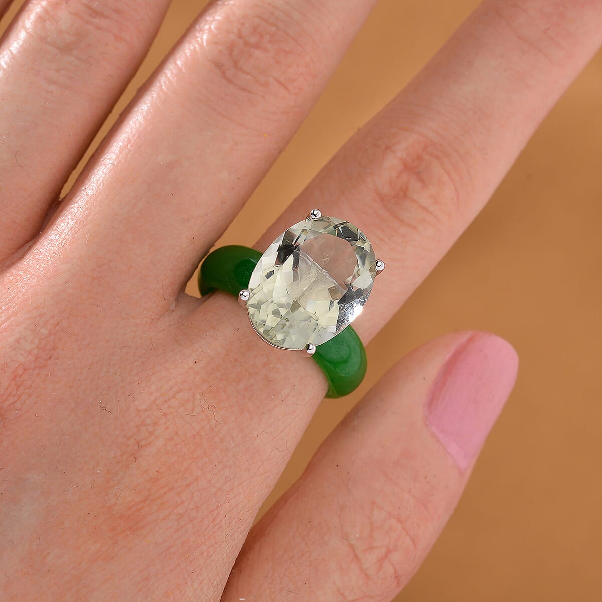 Montezuma Prasiolite and Green Jade (D) 24.20 ctw Band Ring in Rhodium Over Sterling Silver (Size 11.0) image number 1