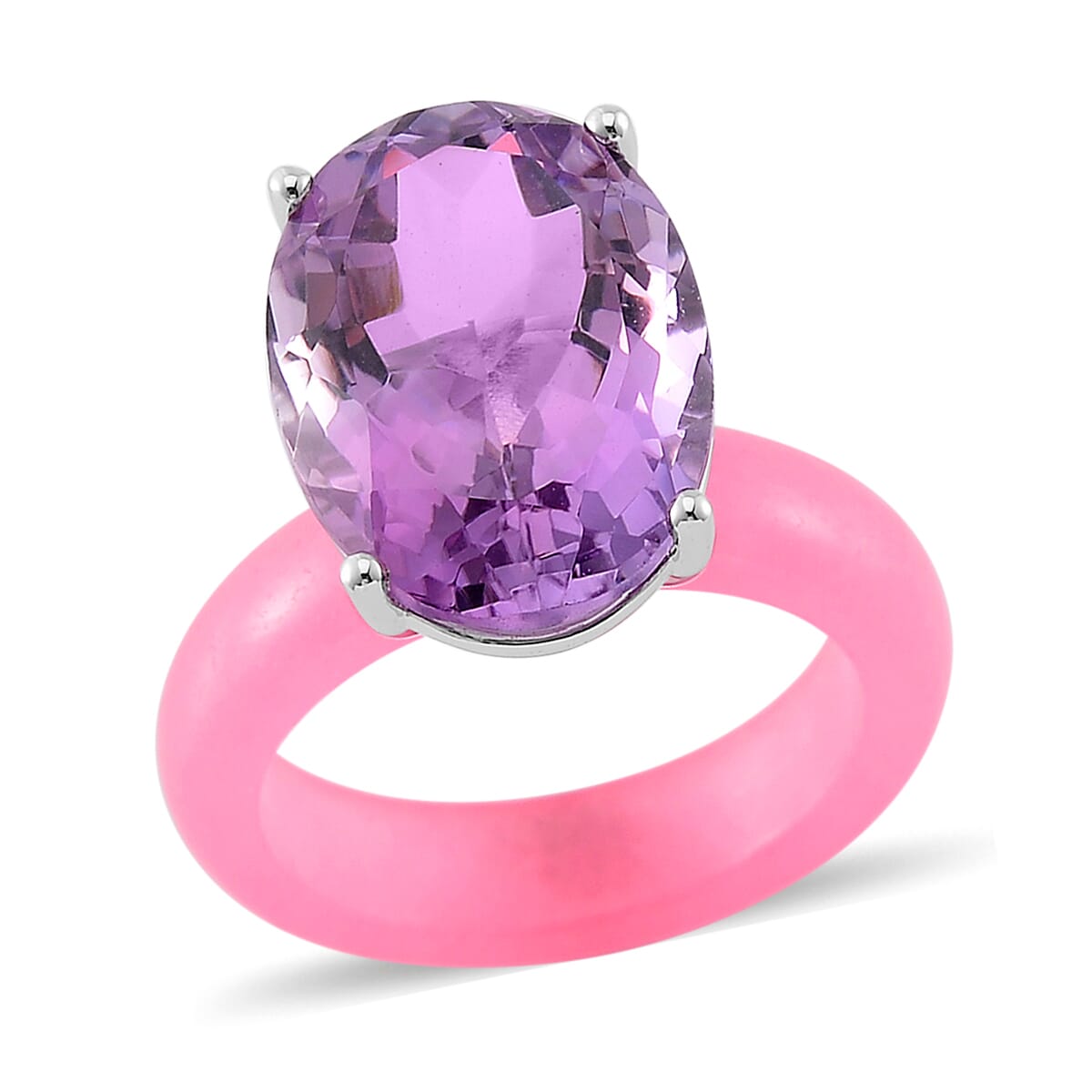 Rose De France Amethyst and Pink Jade (D) 24.15 ctw Band Ring in Rhodium Over Sterling Silver (Size 8.0) image number 0