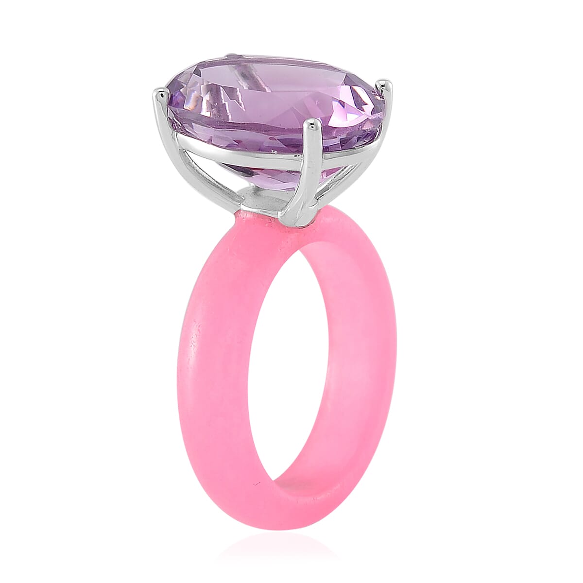 Rose De France Amethyst and Pink Jade (D) 24.15 ctw Band Ring in Rhodium Over Sterling Silver (Size 8.0) image number 2