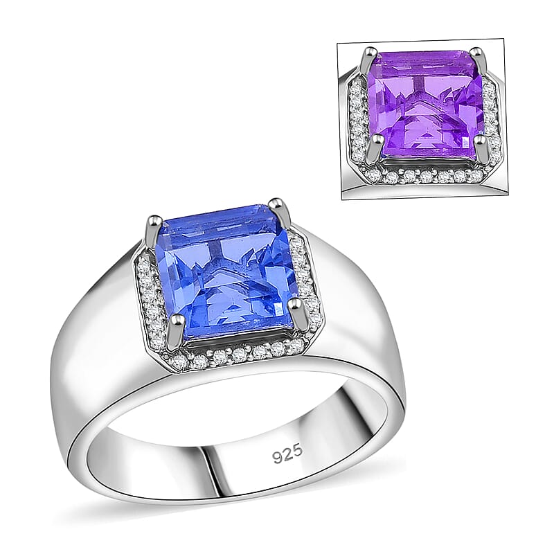 Color Change Fluorite (IR) and White Zircon 3.10 ctw Men's Ring in Rhodium Over Sterling Silver (Size 10.0)