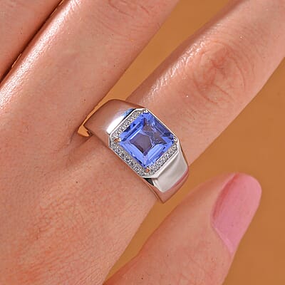 Color Change Fluorite (IR) and White Zircon 3.10 ctw Men's Ring in Rhodium Over Sterling Silver (Size 10.0)