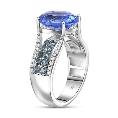 Color Change Fluorite (IR) and Multi Gemstone 6.60 ctw Bridge Ring in Rhodium Over Sterling Silver (Size 10.0)