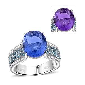Color Change Fluorite (IR) and Multi Gemstone 6.60 ctw Bridge Ring in Rhodium Over Sterling Silver (Size 6.0)