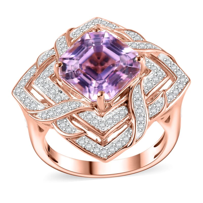 GP Amore Collection Asscher Cut Premium Kunzite and Moissanite 6.50 ctw Good Luck Endless Knot Ring in 18K Vermeil Rose Gold Over Sterling Silver (Size 10.0)