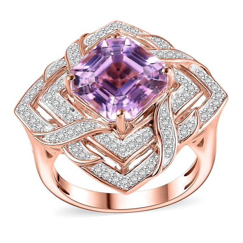 GP Amore Collection Asscher Cut Premium Kunzite and Moissanite 6.50 ctw Good Luck Endless Knot Ring in 18K Vermeil Rose Gold Over Sterling Silver (Size 10.0)